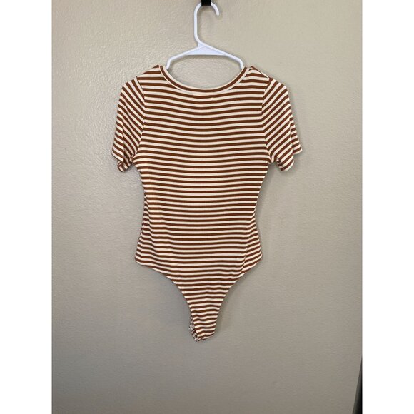 Carly Jean Los Angeles Womens Striped Short Sleeve Bodysuit L Brown Cotton - Picture 6 of 8